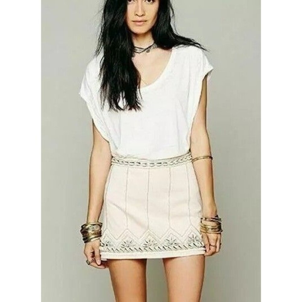 Free People Cream Mini Skirt with Embroidered Hem